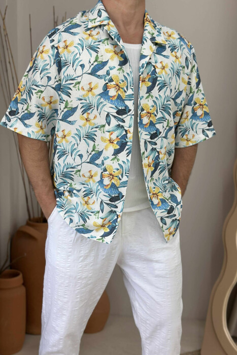 SHORT SLEEVES FLOWERS DESIGN MEN SHIRT LIGHTBLUE/BZ - 2