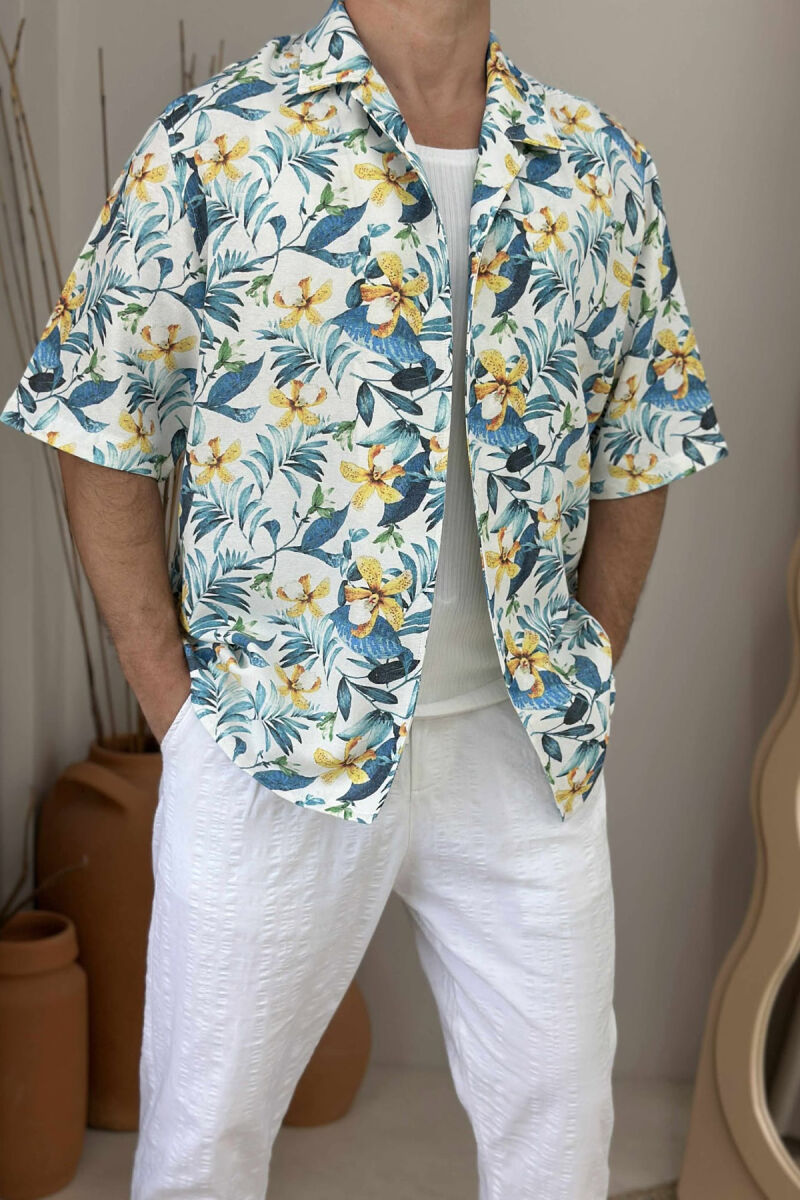 SHORT SLEEVES FLOWERS DESIGN MEN SHIRT LIGHTBLUE/BZ - 2