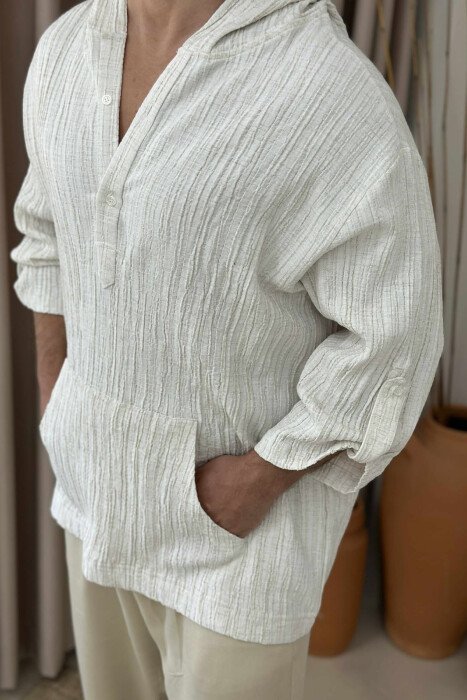 SHORT SLEEVES HOODED MEN SHIRT CREAM/KREM - 2