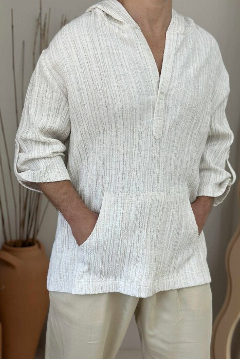 SHORT SLEEVES HOODED MEN SHIRT CREAM/KREM - 4