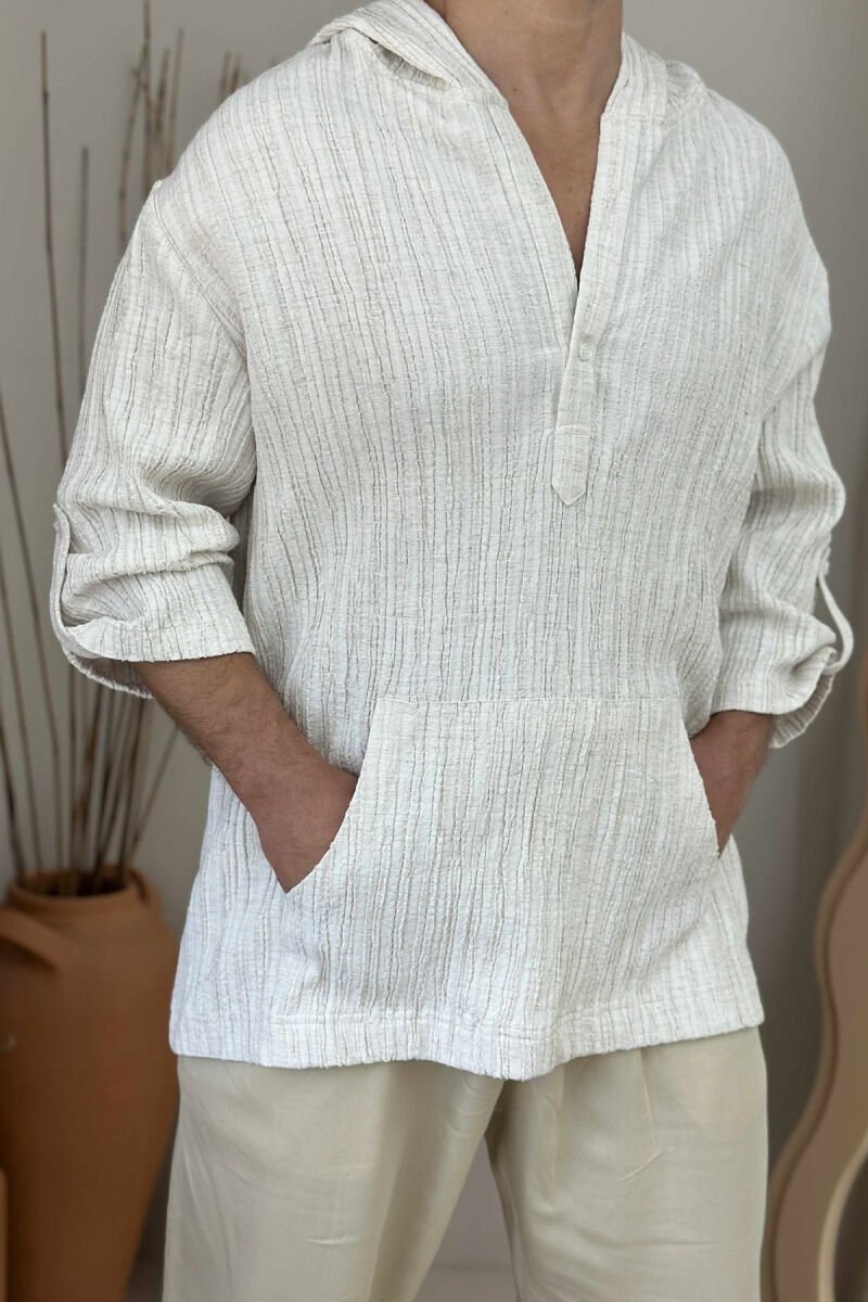 SHORT SLEEVES HOODED MEN SHIRT CREAM/KREM - 4