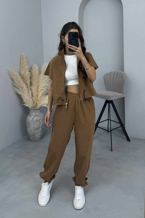 SHORT SLEEVES JACKET+TROUSERS WOMEN SET BROWN/KAFE - KLAUDIO FASHION