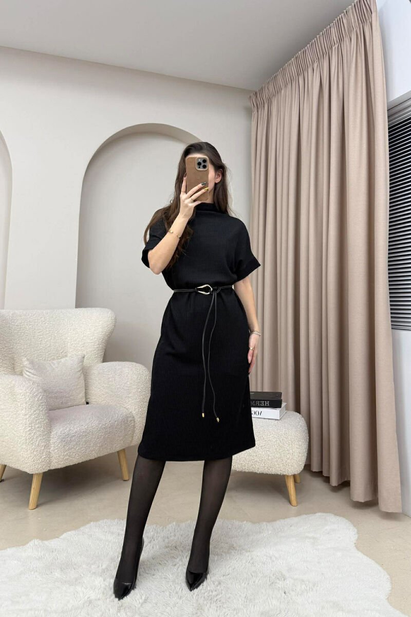 SHORT SLEEVES LACING DETAIL LONG WOMEN DRESS BLACK/ E ZEZE - 1