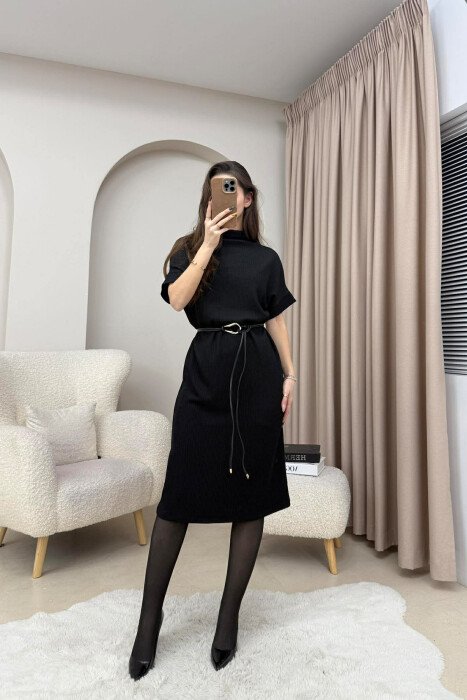 SHORT SLEEVES LACING DETAIL LONG WOMEN DRESS BLACK/ E ZEZE - KLAUDIO FASHION