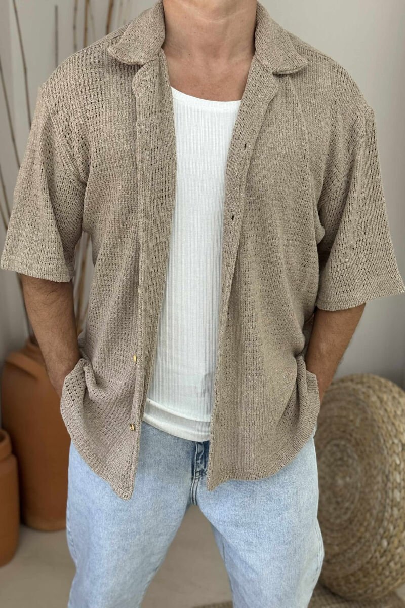 SHORT SLEEVES ONE COLOR MEN SHIRT BEIGE/BEZHE - 4