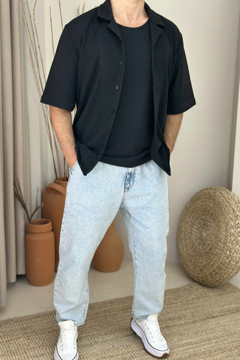 SHORT SLEEVES ONE COLOR MEN SHIRT BLACK/ E ZEZE - 1