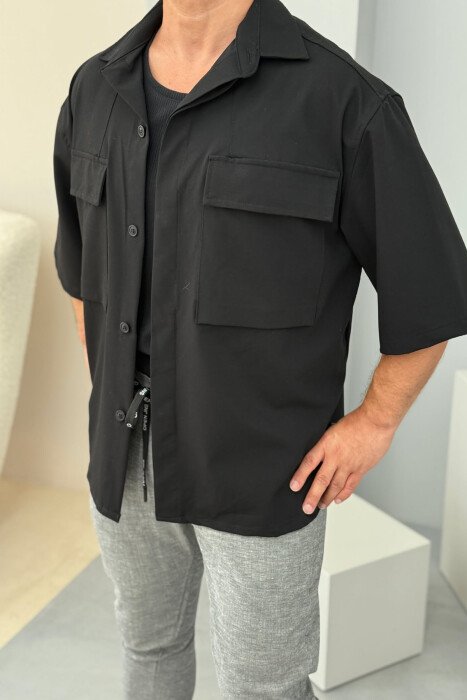 SHORT SLEEVES ONE COLOR POCKETS MEN SHIRT BLACK/ E ZEZE - 3