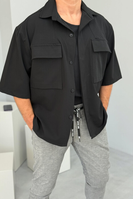 SHORT SLEEVES ONE COLOR POCKETS MEN SHIRT BLACK/ E ZEZE - 2