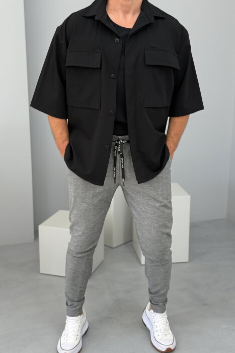 SHORT SLEEVES ONE COLOR POCKETS MEN SHIRT BLACK/ E ZEZE - 1