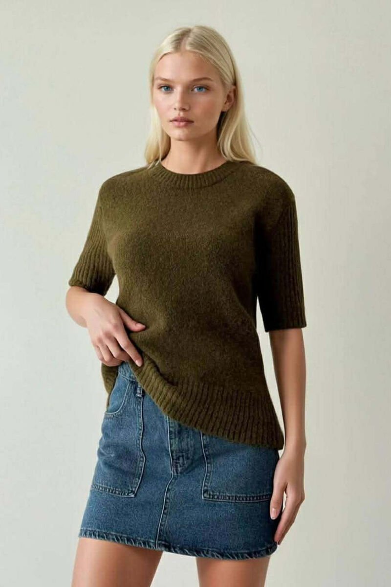 SHORT SLEEVES ONE COLOR WOMEN SWEATER GREEN/JESHILE - 1