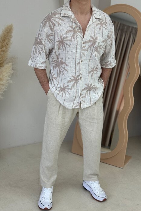 SHORT SLEEVES PALM TREE PRINTS MEN SHIRT CREAM/KREM - KLAUDIO FASHION