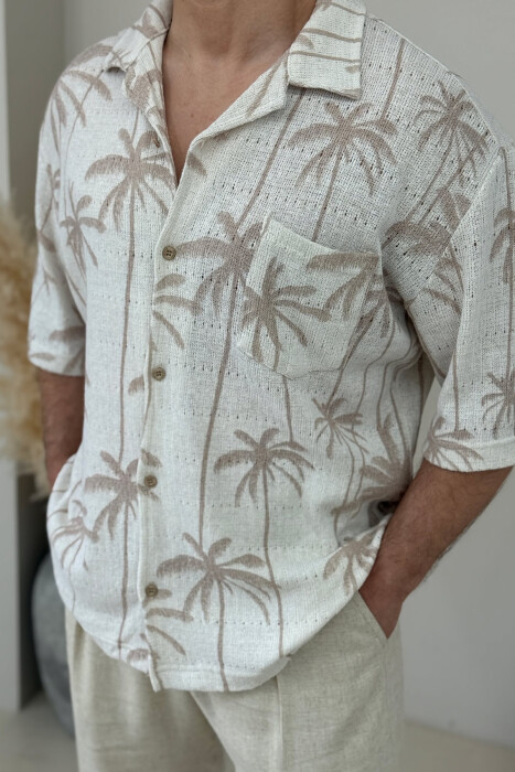 SHORT SLEEVES PALM TREE PRINTS MEN SHIRT CREAM/KREM - 3