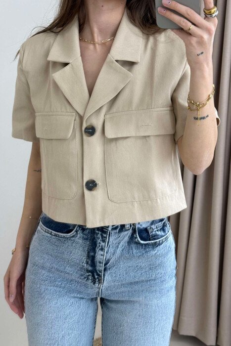 SHORT SLEEVES POCKETS CROPPED WOMEN SHIRT BEIGE/BEZHE - 1