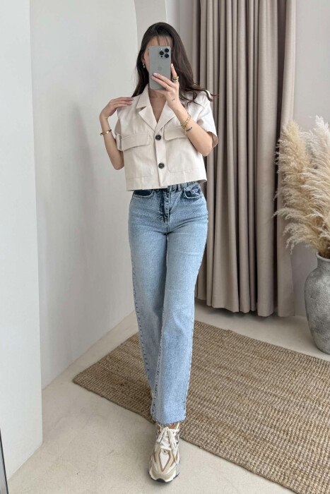SHORT SLEEVES POCKETS CROPPED WOMEN SHIRT CREAM/KREM - 4