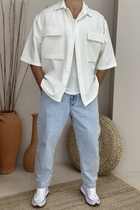 SHORT SLEEVES POCKETS DETAIL MEN SHIRT WHITE-E BARDHE - KLAUDIO FASHION