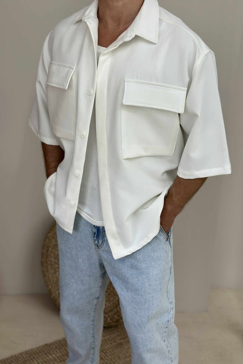 SHORT SLEEVES POCKETS DETAIL MEN SHIRT WHITE-E BARDHE - 3