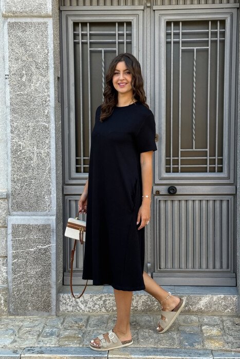 SHORT SLEEVES ROUND NECK ONE COLOR WOMEN DRESS BLACK/ E ZEZE - 1