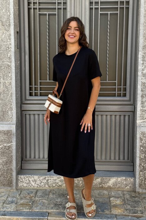 SHORT SLEEVES ROUND NECK ONE COLOR WOMEN DRESS BLACK/ E ZEZE - 2