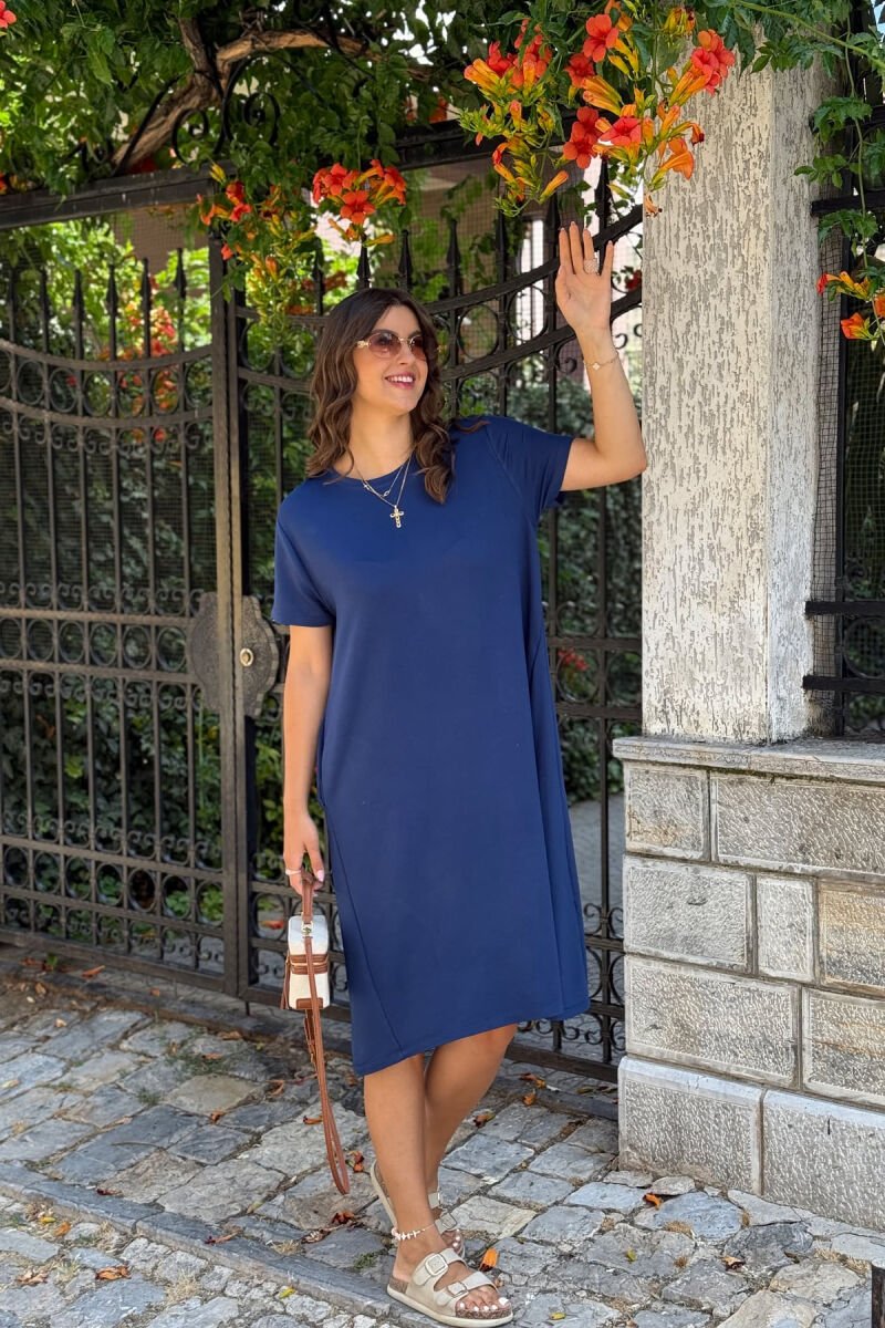 SHORT SLEEVES ROUND NECK ONE COLOR WOMEN DRESS BLUE/BLU - 1