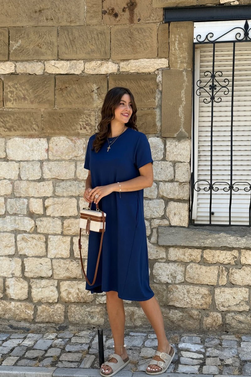 SHORT SLEEVES ROUND NECK ONE COLOR WOMEN DRESS BLUE/BLU - 2