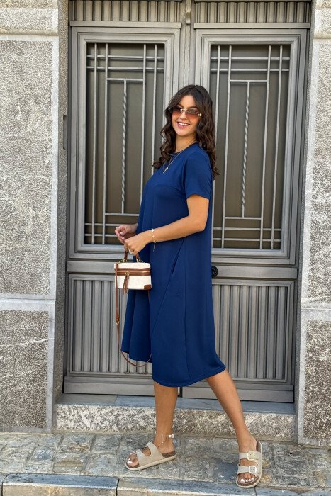 SHORT SLEEVES ROUND NECK ONE COLOR WOMEN DRESS BLUE/BLU - 5