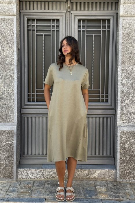 SHORT SLEEVES ROUND NECK ONE COLOR WOMEN DRESS OLIVE/ULLI - 3
