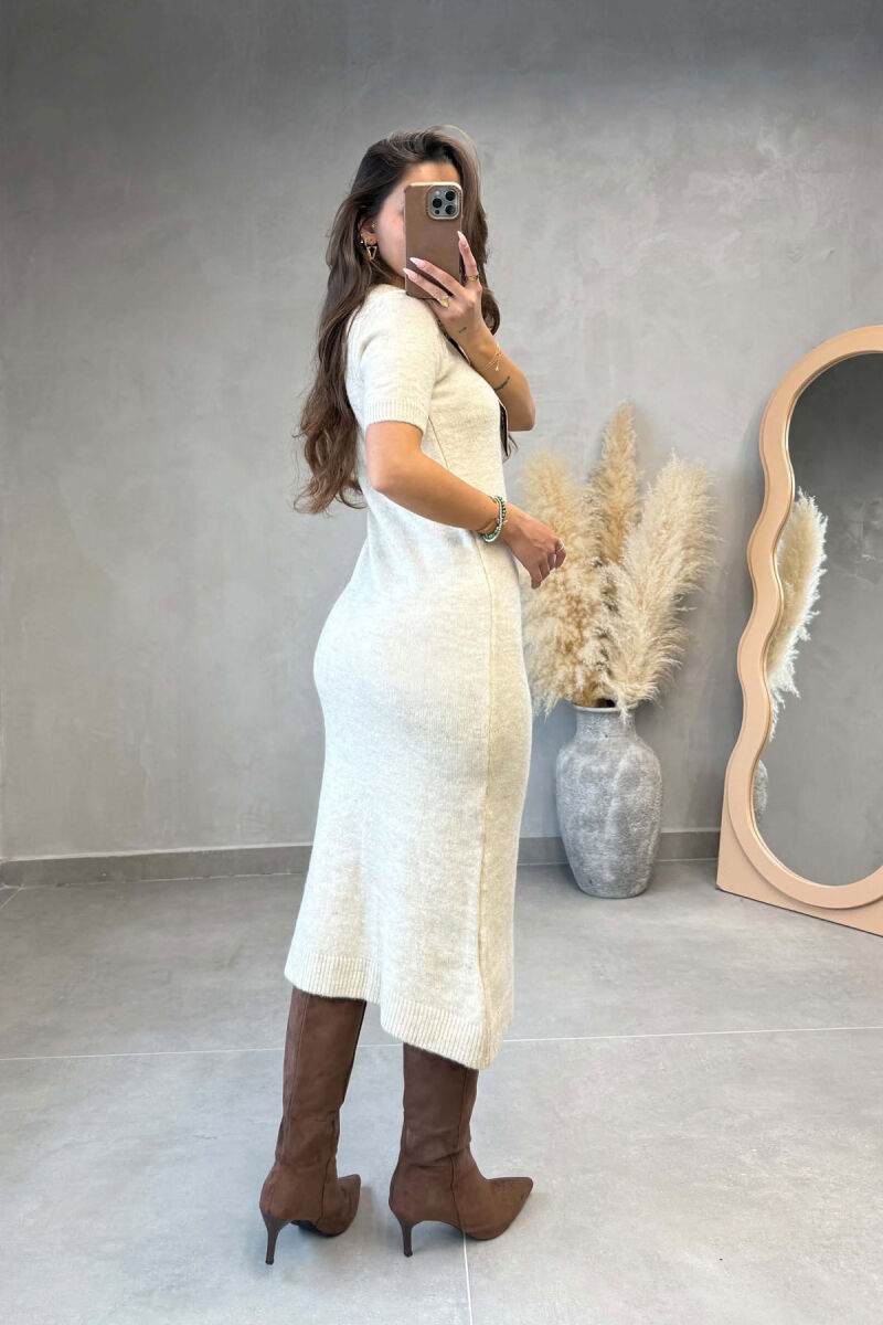 SHORT SLEEVES SCARF DETAIL KNIT WOMEN DRESS BEIGE/BEZHE - 3