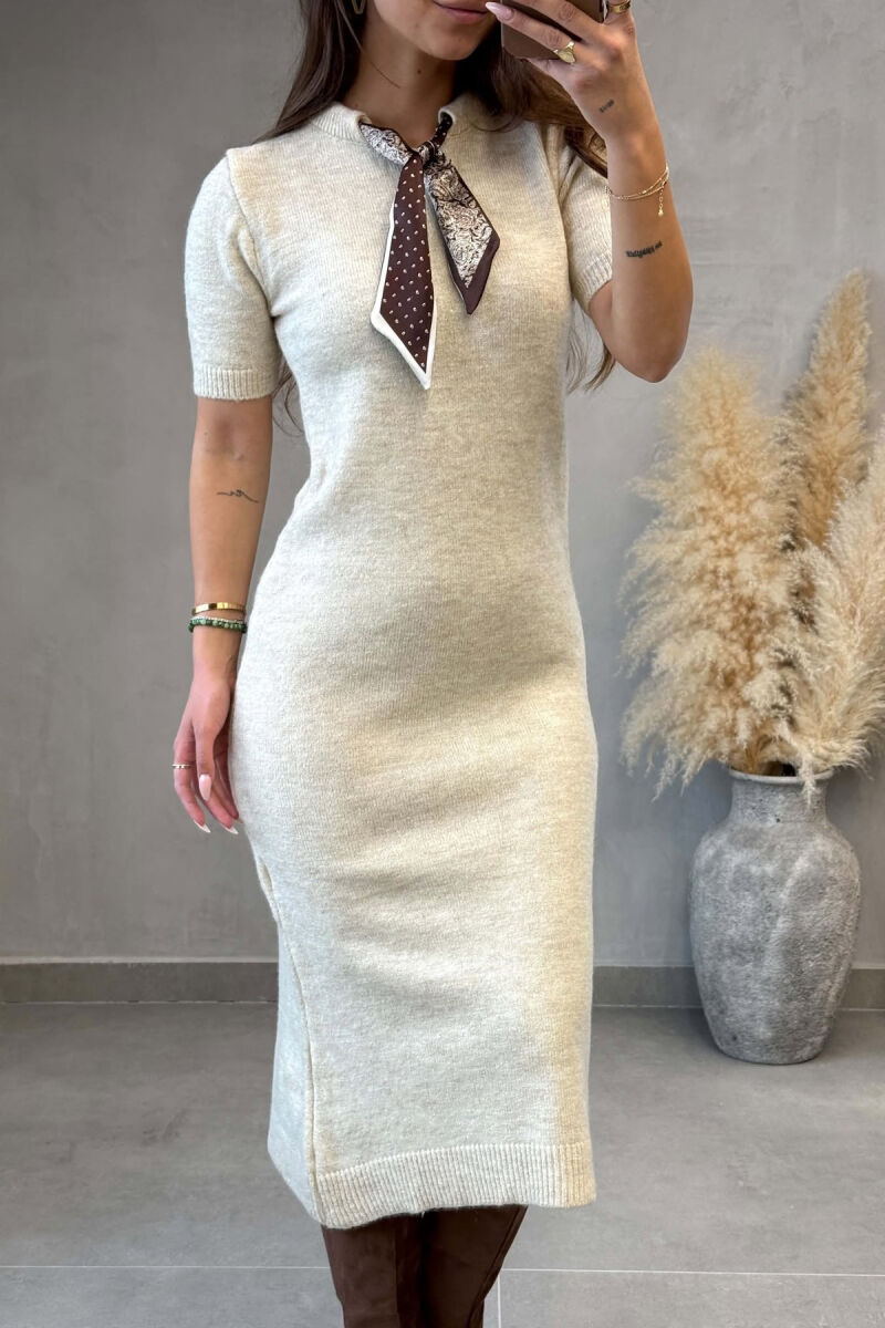 SHORT SLEEVES SCARF DETAIL KNIT WOMEN DRESS BEIGE/BEZHE - 4