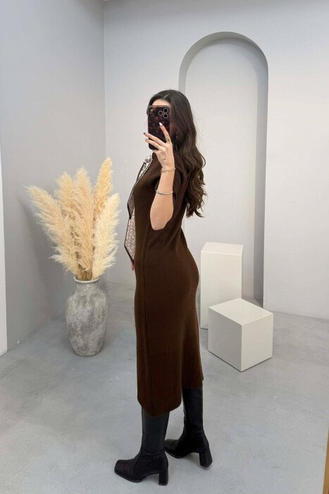 SHORT SLEEVES SCARF DETAIL KNIT WOMEN DRESS BROWN/KAFE - 4