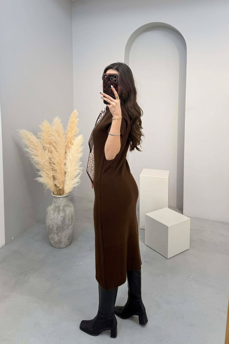 SHORT SLEEVES SCARF DETAIL KNIT WOMEN DRESS BROWN/KAFE - 4