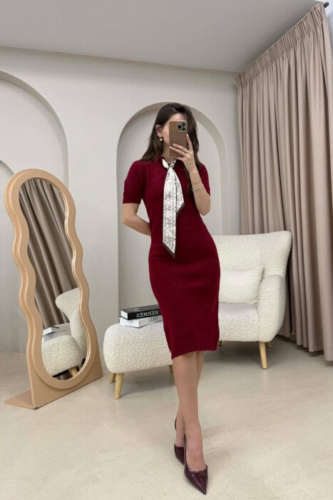 SHORT SLEEVES SCARF DETAIL KNIT WOMEN DRESS BURGUNDY/VISHNJE - KLAUDIO FASHION