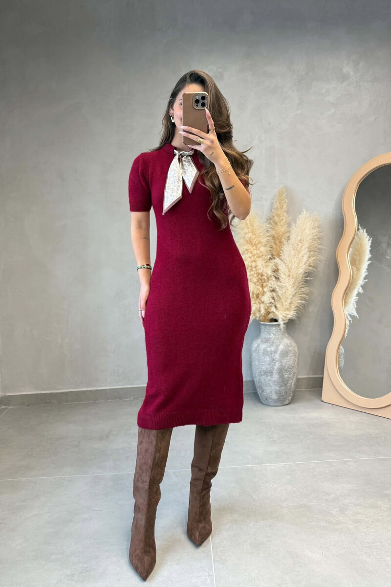 SHORT SLEEVES SCARF DETAIL KNIT WOMEN DRESS BURGUNDY/VISHNJE - 1