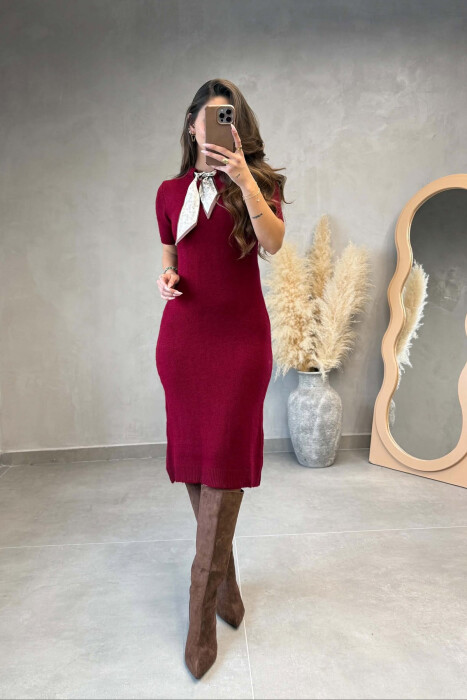 SHORT SLEEVES SCARF DETAIL KNIT WOMEN DRESS BURGUNDY/VISHNJE - 4