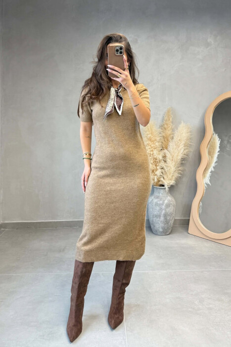 SHORT SLEEVES SCARF DETAIL KNIT WOMEN DRESS LIGHT BROWN/KAZB 