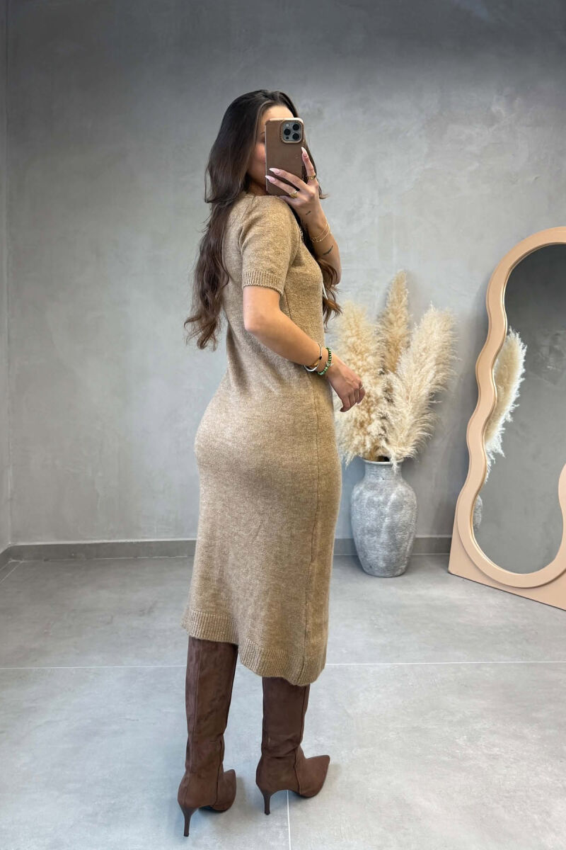 SHORT SLEEVES SCARF DETAIL KNIT WOMEN DRESS LIGHT BROWN/KAZB - 3