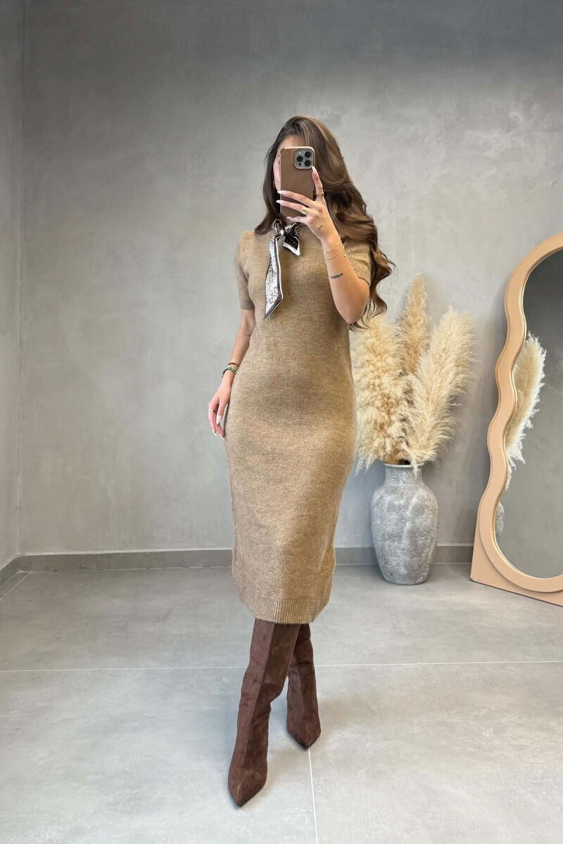 SHORT SLEEVES SCARF DETAIL KNIT WOMEN DRESS LIGHT BROWN/KAZB - 4