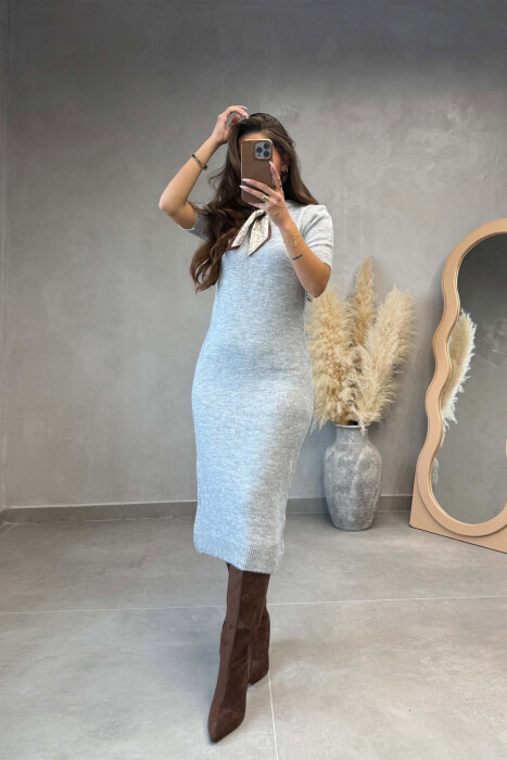 SHORT SLEEVES SCARF DETAIL KNIT WOMEN DRESS LIGHT GREY/GZ - 1