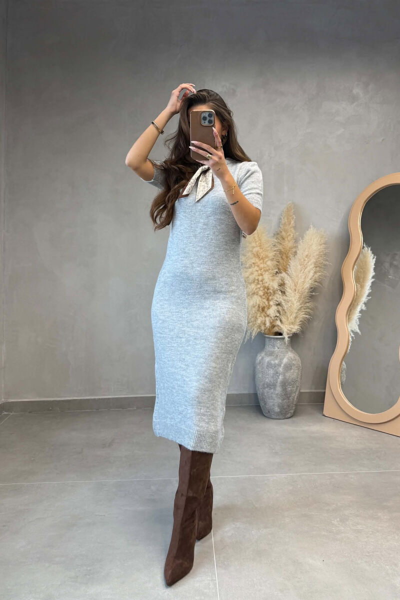 SHORT SLEEVES SCARF DETAIL KNIT WOMEN DRESS LIGHT GREY/GZ - 1