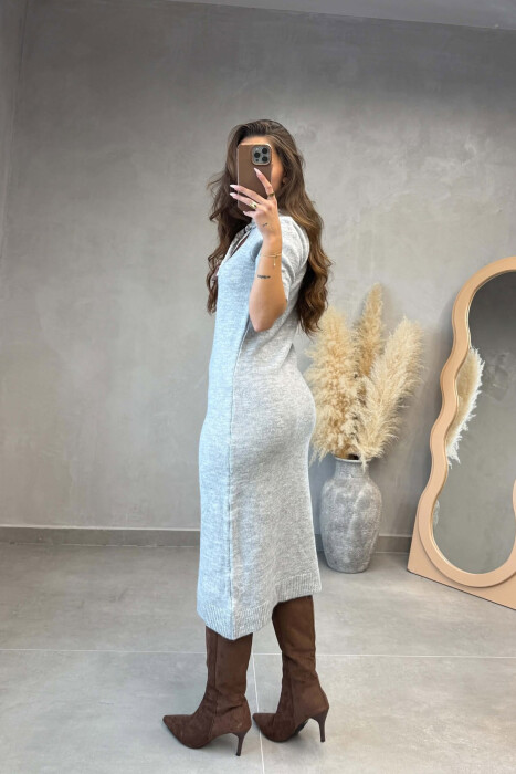 SHORT SLEEVES SCARF DETAIL KNIT WOMEN DRESS LIGHT GREY/GZ - 2