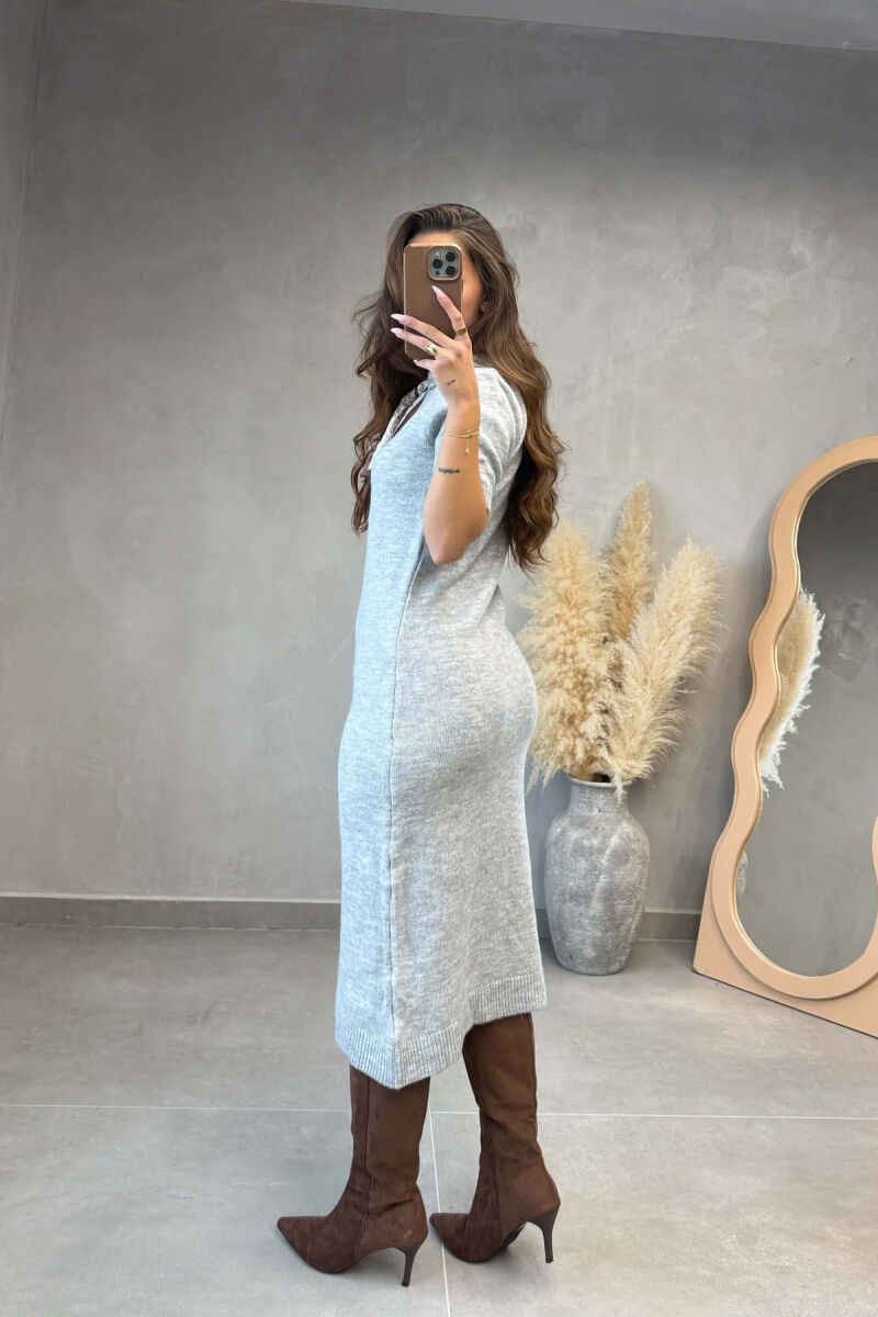 SHORT SLEEVES SCARF DETAIL KNIT WOMEN DRESS LIGHT GREY/GZ - 2