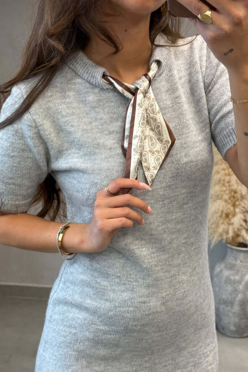 SHORT SLEEVES SCARF DETAIL KNIT WOMEN DRESS LIGHT GREY/GZ - 3