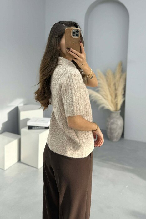 SHORT SLEEVES SCARF DETAIL WOMEN SWEATER BEIGE/BEZHE - 3