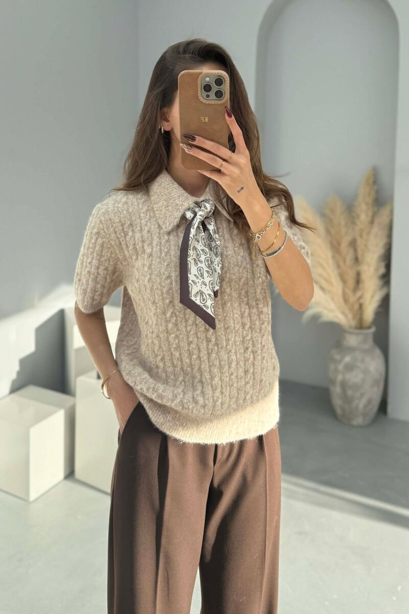 SHORT SLEEVES SCARF DETAIL WOMEN SWEATER BEIGE/BEZHE - 1