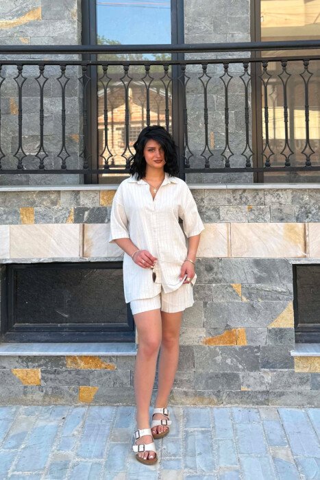 SHORT SLEEVES SHIRT+SHORT SWEATPANTS WOMEN SET CREAM+BLUE/KREM-BLU - 1