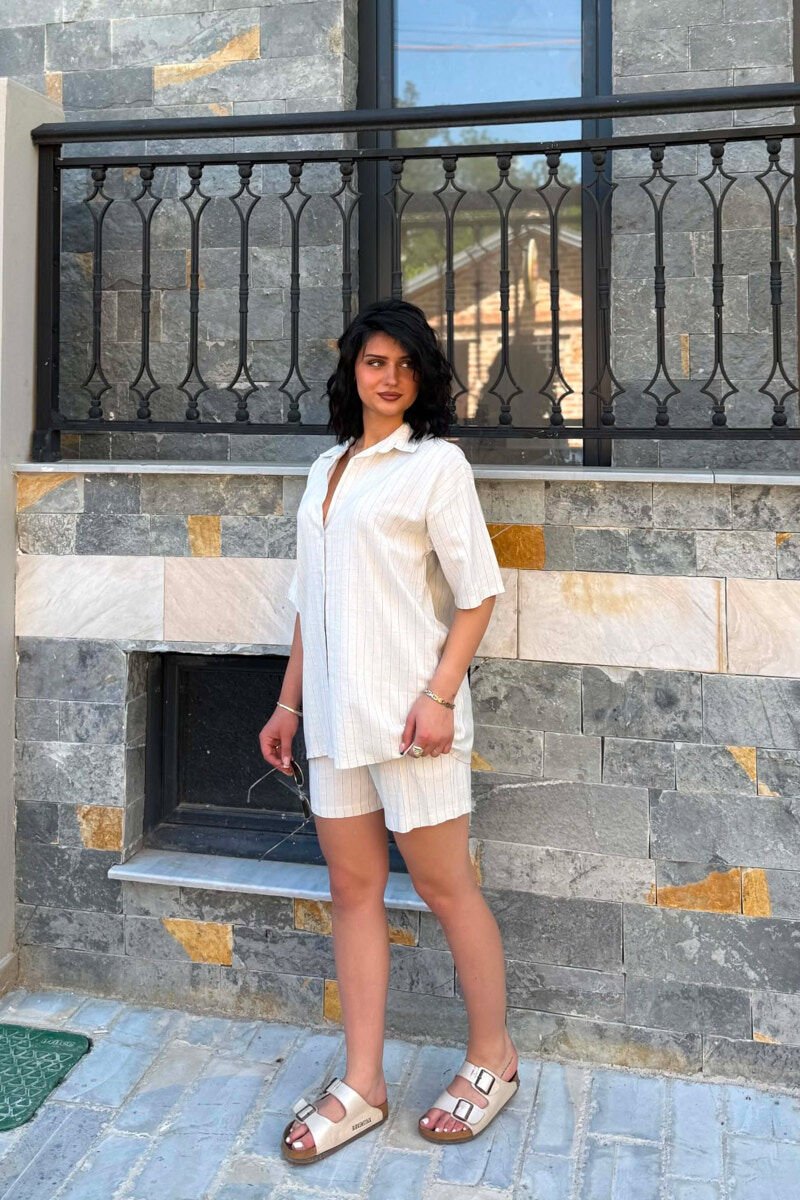SHORT SLEEVES SHIRT+SHORT SWEATPANTS WOMEN SET CREAM+BLUE/KREM-BLU - 3