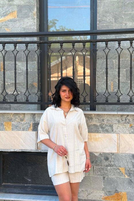 SHORT SLEEVES SHIRT+SHORT SWEATPANTS WOMEN SET CREAM+BLUE/KREM-BLU - 2