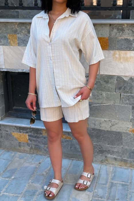 SHORT SLEEVES SHIRT+SHORT SWEATPANTS WOMEN SET CREAM+BLUE/KREM-BLU - 5