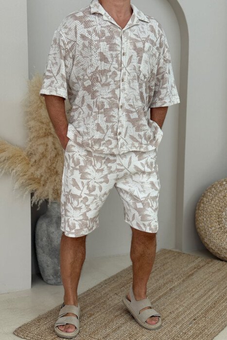 SHORT SLEEVES SHIRT+SHORTS DESIGNED MEN SET BEIGE/BEZHE - KLAUDIO FASHION