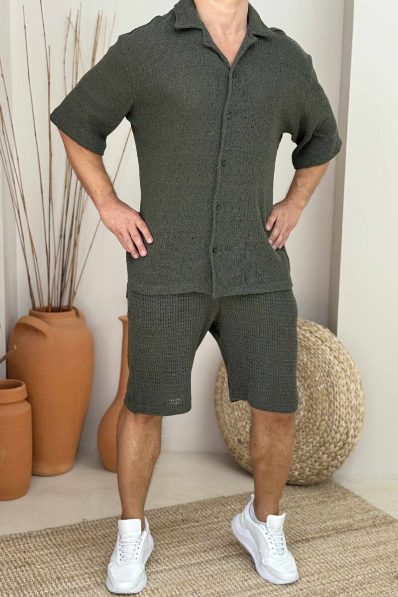 SHORT SLEEVES SHIRT+SHORTS ONE COLOR MEN SET DARK GREEN/JEE - 1