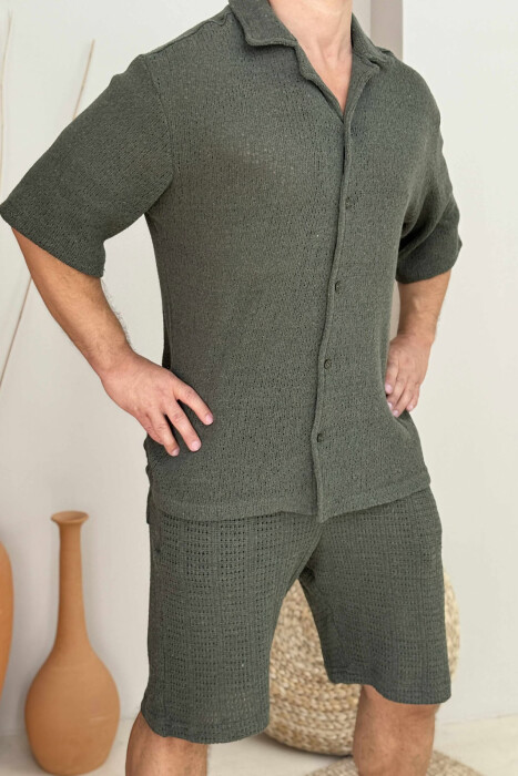 SHORT SLEEVES SHIRT+SHORTS ONE COLOR MEN SET DARK GREEN/JEE - 2